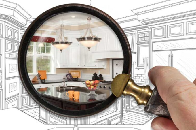 Screenshot Magnifying glass over a kitchen sketch by reliable Tenant Improvement Contractors.
